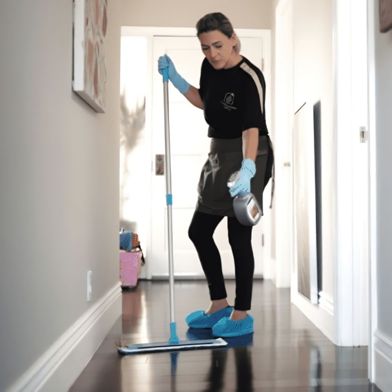 Eco-friendly deep cleaning service A professional cleaner wearing blue gloves and a black uniform is deep cleaning a hallway with a mop.