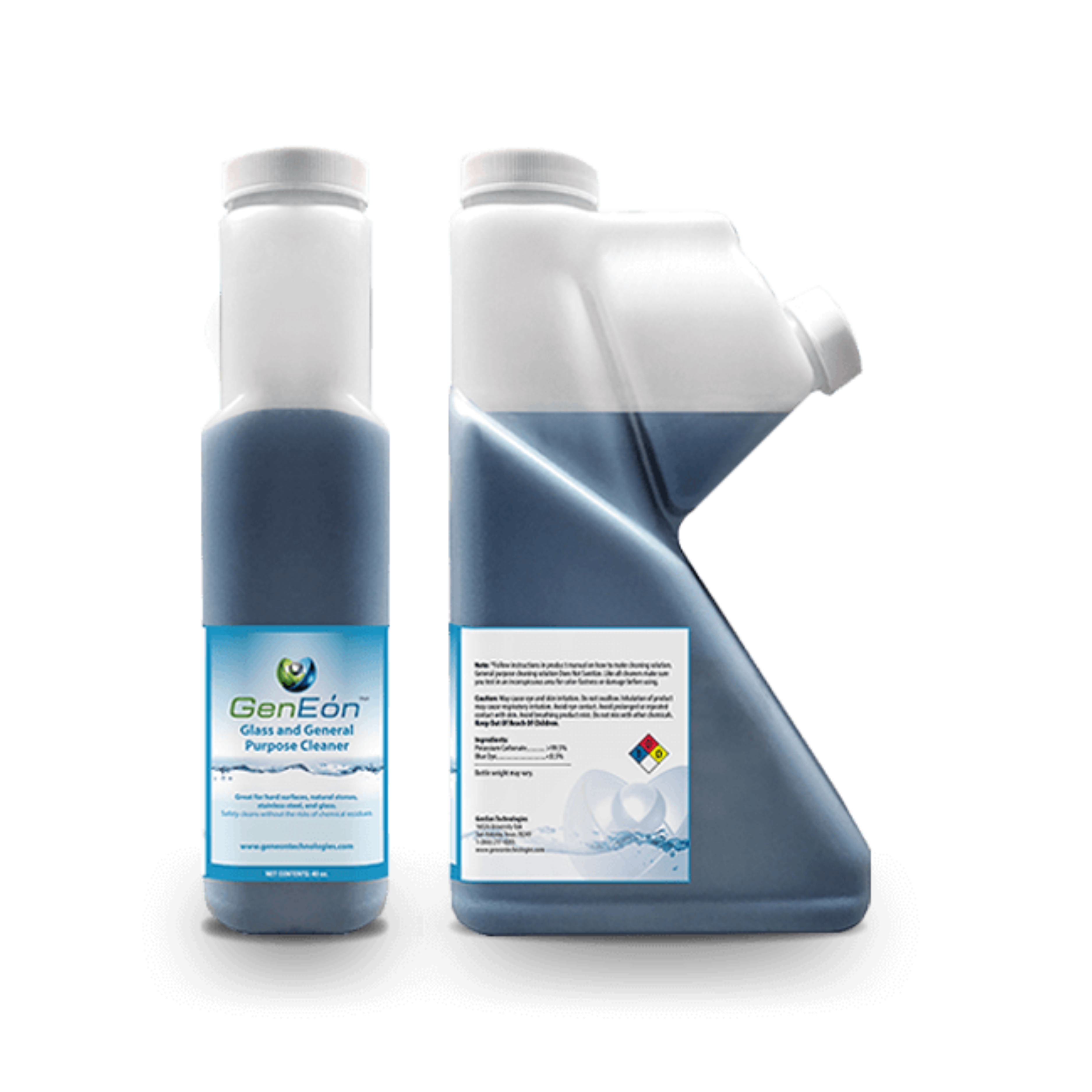 GenEon Glass and General Purpose Cleaner Two bottles of GenEon Glass and General Purpose Cleaner, one showing the front label and the other showing the back label with usage instructions and safety information. The bottles are partly filled with a blue cleaning solution.